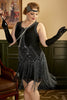 Załaduj obraz do przeglądarki galerii, Czarne Czarna Sukienka Z Frędzlami Lata 20 z Zestawem Akcesoria Lata 20
