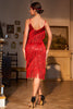 Załaduj obraz do przeglądarki galerii, Błyszcząca Czerwona Cekinowa Sukienka Lata 20 Z Frędzlami z Zestawem Akcesoria