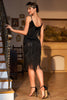 Załaduj obraz do przeglądarki galerii, Cienkich Ramiączkach Błyszcząca Czarna Sukienka Z Frędzlami Lata 20 z Zestawem Akcesoria