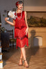 Załaduj obraz do przeglądarki galerii, Błyszcząca Czerwona Cekinowa Sukienka Z Frędzlami Lata 20 z Zestawem Akcesoria