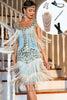 Załaduj obraz do przeglądarki galerii, Błyszcząca Niebieska Cekinowa Sukienka Lata 20 Wielki Gatsby z Zestawem Akcesoria
