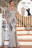 Załaduj obraz do przeglądarki galerii, Szara Cekinowa Długa Sukienka Lata 20 Wielki Gatsby z Zestawem Akcesoria