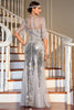 Załaduj obraz do przeglądarki galerii, Szara Cekinowa Długa Sukienka Lata 20 Wielki Gatsby z Zestawem Akcesoria