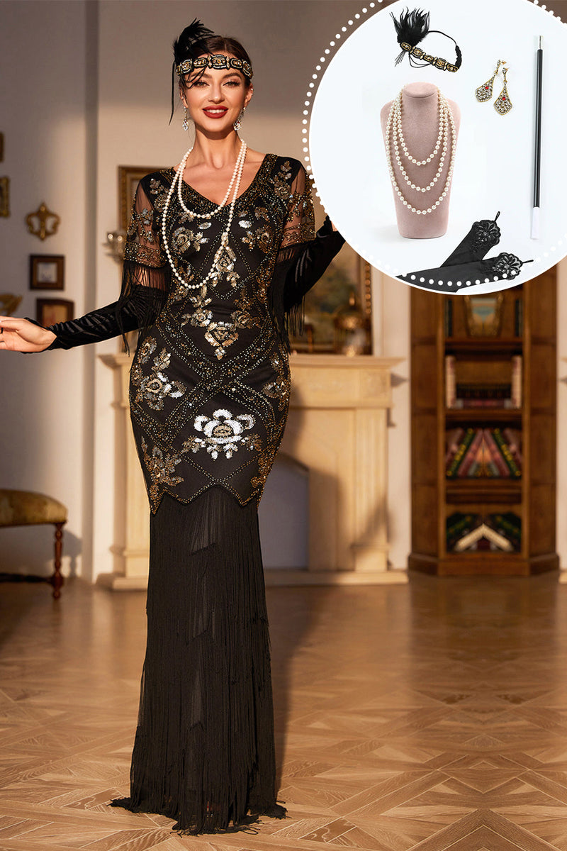 Załaduj obraz do przeglądarki galerii, Czarna Cekinowa Sukienka Lata 20 Z Zestawem Akcesoriów