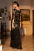 Załaduj obraz do przeglądarki galerii, Czarna Cekinowa Sukienka Lata 20 Z Zestawem Akcesoriów