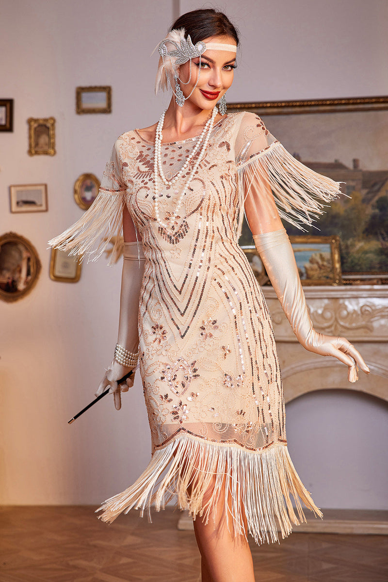 Załaduj obraz do przeglądarki galerii, Błyszczące Cekiny Sukienka Wielki Gatsby Z Frędzlami Z Zestawem Akcesoriów