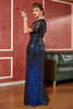 Załaduj obraz do przeglądarki galerii, Ciemnoniebieska Długa Sukienka Z Frędzlami Lata 20 Z Zestawem Akcesoriów