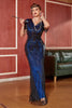 Załaduj obraz do przeglądarki galerii, Ciemnoniebieska Długa Sukienka Z Frędzlami Lata 20 Z Zestawem Akcesoriów