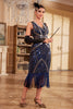 Załaduj obraz do przeglądarki galerii, Ciemnoniebieska Dekolt V Błyszcząca Sukienka Flapper z Akcesoriami Zestaw