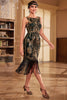Załaduj obraz do przeglądarki galerii, Złoto-czarna Zielona Cekinowa Sukienka Z Frędzlami Lata 20 z Zestawem Akcesoriów
