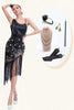 Załaduj obraz do przeglądarki galerii, Błyszcząca Czarna Asymetryczna Cekinowa Sukienka Flapper Z Frędzlami Z Zestawem Akcesoriów