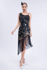 Załaduj obraz do przeglądarki galerii, Błyszcząca Czarna Asymetryczna Cekinowa Sukienka Flapper Z Frędzlami Z Zestawem Akcesoriów