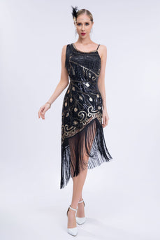 Błyszcząca Czarna Asymetryczna Cekinowa Sukienka Flapper Z Frędzlami Z Zestawem Akcesoriów