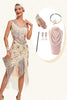 Załaduj obraz do przeglądarki galerii, Błyszczący szampan Cekiny Frędzle Asymetryczna Sukienka W Stylu Lat 20 Z Zestawem Akcesoriów