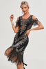 Załaduj obraz do przeglądarki galerii, Brokatowa Czarna Cekiny Sukienka Flapper Z Akcesoriami Zestaw