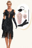 Załaduj obraz do przeglądarki galerii, Brokat Czarny Zimne Ramię Cekiny Sukienka Flapper Z Akcesoriami Zestaw
