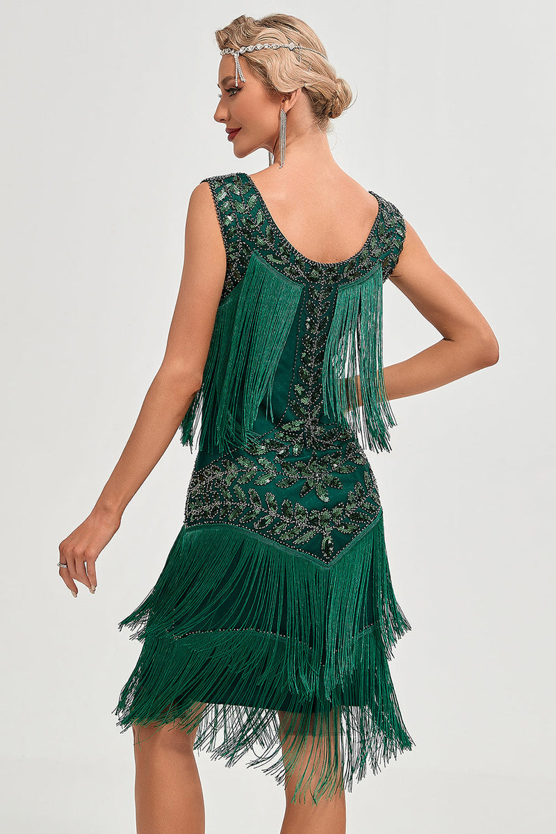 Załaduj obraz do przeglądarki galerii, Ciemnozielona Cekinowa Sukienka Wielki Gatsby Z Zestawem Akcesoriów