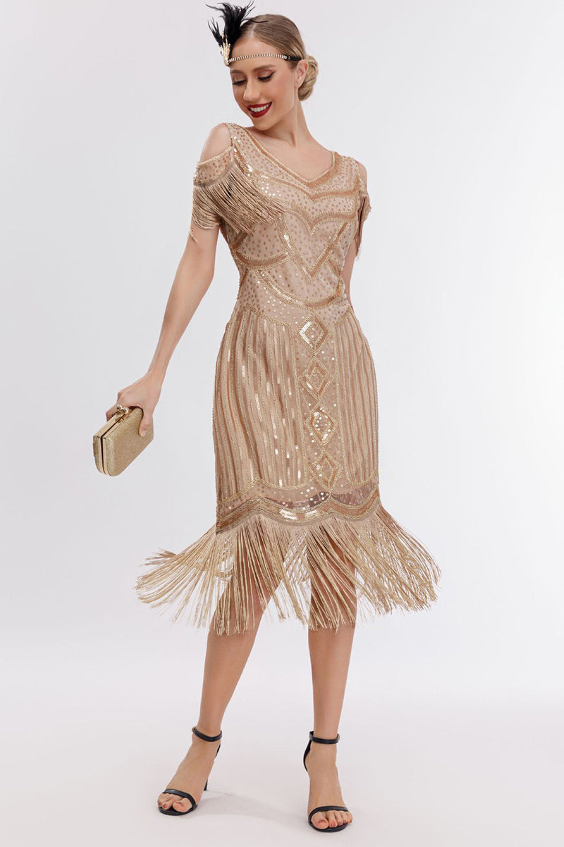 Załaduj obraz do przeglądarki galerii, Szampańskie Sukienka Flapper Z Zimnymi Ramionami z Zestawem Akcesoria Lata 20