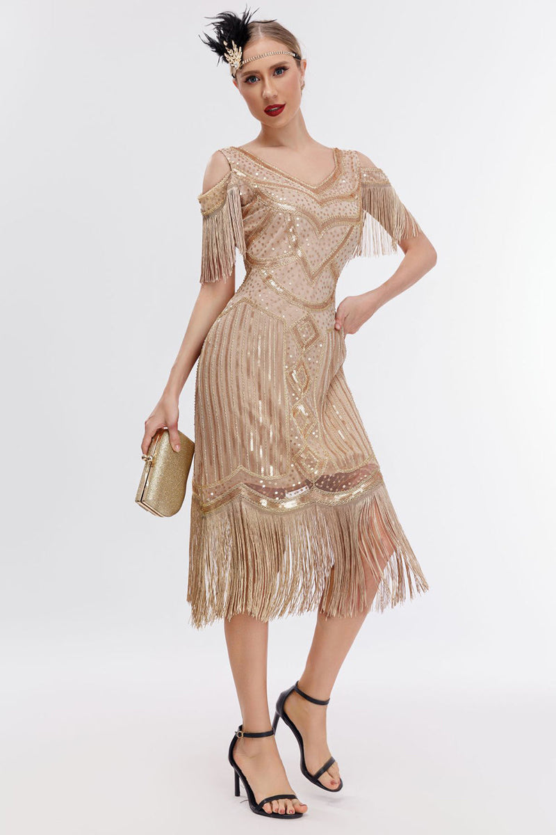 Załaduj obraz do przeglądarki galerii, Szampańskie Sukienka Flapper Z Zimnymi Ramionami z Zestawem Akcesoria Lata 20