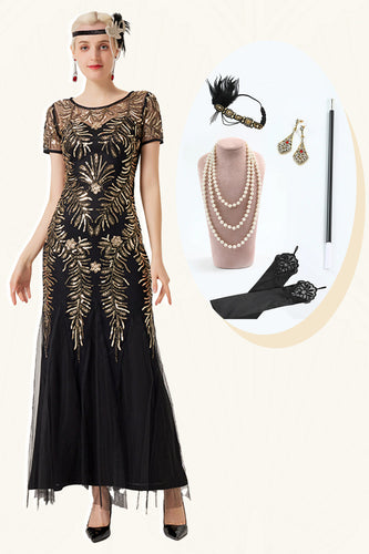 Czarne Złote Cekiny Krótkie Rękawy Długie Sukienka Wielki Gatsby z Zestawem Akcesoria Lata 20