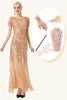 Załaduj obraz do przeglądarki galerii, Szampan Cekiny Krótkie Rękawy Długie Sukienka Lata 20 Z Zestawem Akcesoriów 20