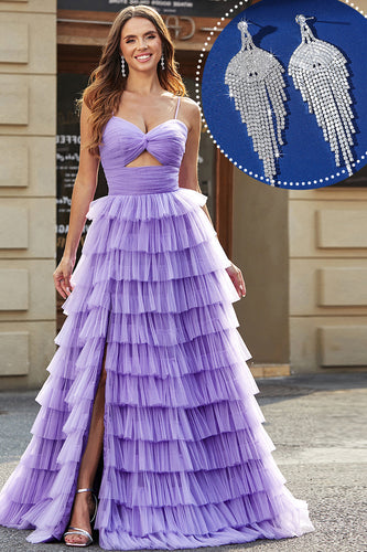 Fioletowa tiulowa długa sukienka na studniówkę w kształcie litery A z zestawem akcesoriów