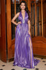 Załaduj obraz do przeglądarki galerii, Błyszcząca plisowana fioletowa sukienka na studniówkę z wiązaniem na szyi