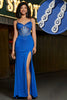Załaduj obraz do przeglądarki galerii, Królewski Niebieski Brokatowa Gorsetowa Sukienka Na Studniówkę Z Rozcięciem Z Dodatkiem