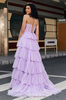 Fioletowa księżniczka A Line Warstwowa gorsetowa sukienka na studniówkę z dodatkiem