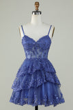 Śliczne paski spaghetti z linii ciemnoniebieski błyszczący gorset Homecoming Dress