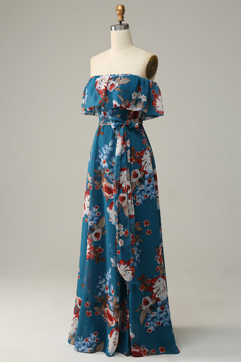 Załaduj obraz do przeglądarki galerii, Ciemnoniebieska Kwiatowa Boho Sukienki Dla Druhny Bez Ramiączek