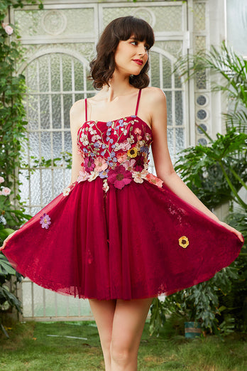 Burgundia Cienkich Ramiączkach Sukienki Na Impreze z Kwiatami 3D
