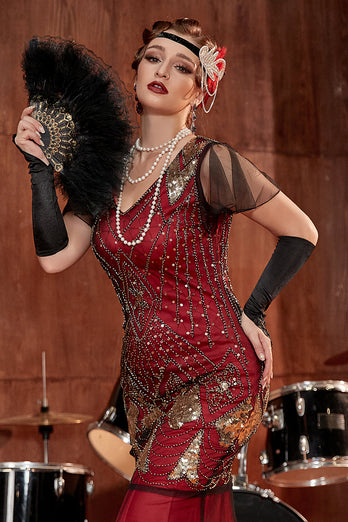 Burgundy Long 1920s Cekiny Flapper Formalna sukienka