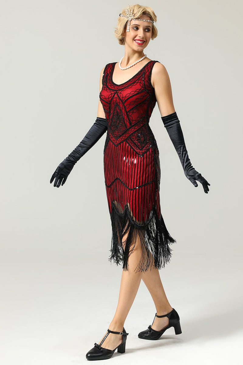 Załaduj obraz do przeglądarki galerii, Czerwony Strój Flapper Sukienka Lata 20 Z Frędzlami
