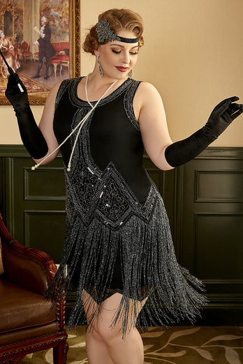 Czarna Sukienki Flapper Dla Puszystychz z Frędzlami