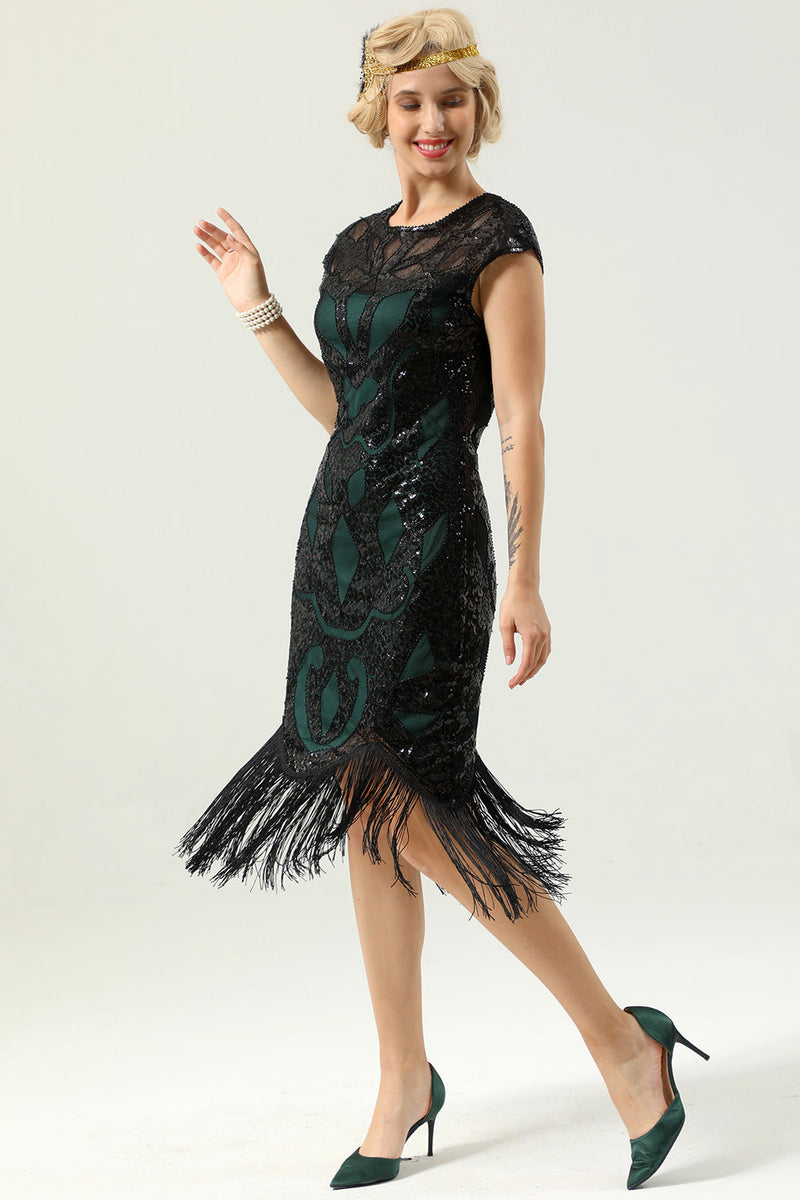 Załaduj obraz do przeglądarki galerii, Czarno-zielone cekiny Sukienka Lata 20 z frędzlami