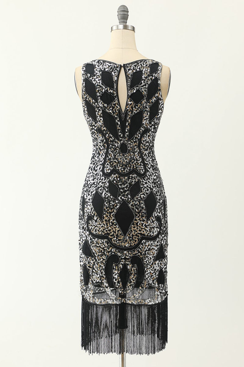Załaduj obraz do przeglądarki galerii, Scoop Neck Czarny Srebrny 1920 Sukienka
