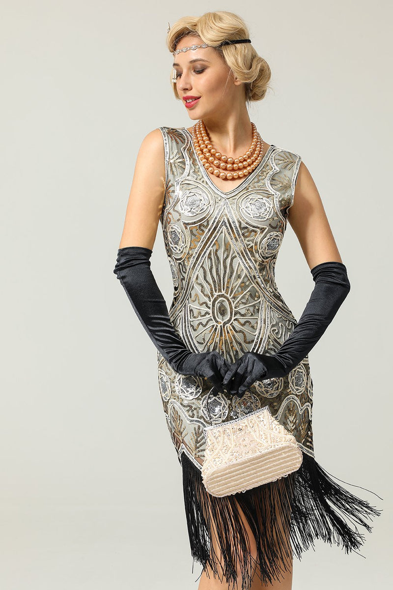 Załaduj obraz do przeglądarki galerii, Srebrna sukienka z frędzlami z frędzlami z 1920 roku