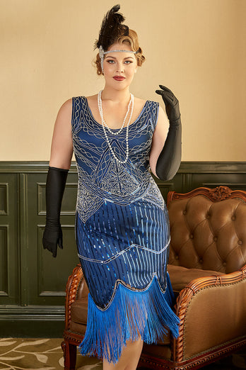 Królewska Niebieska Sukienki Gatsby Dla Puszystych z Frędzlami