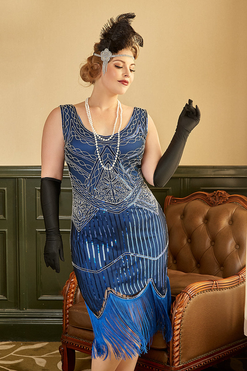 Załaduj obraz do przeglądarki galerii, Królewska Niebieska Sukienki Gatsby Dla Puszystych z Frędzlami
