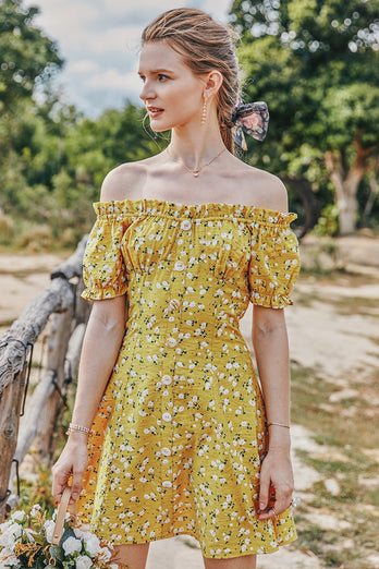 Żółta Sukienka Na Lato Mini W Kwiaty