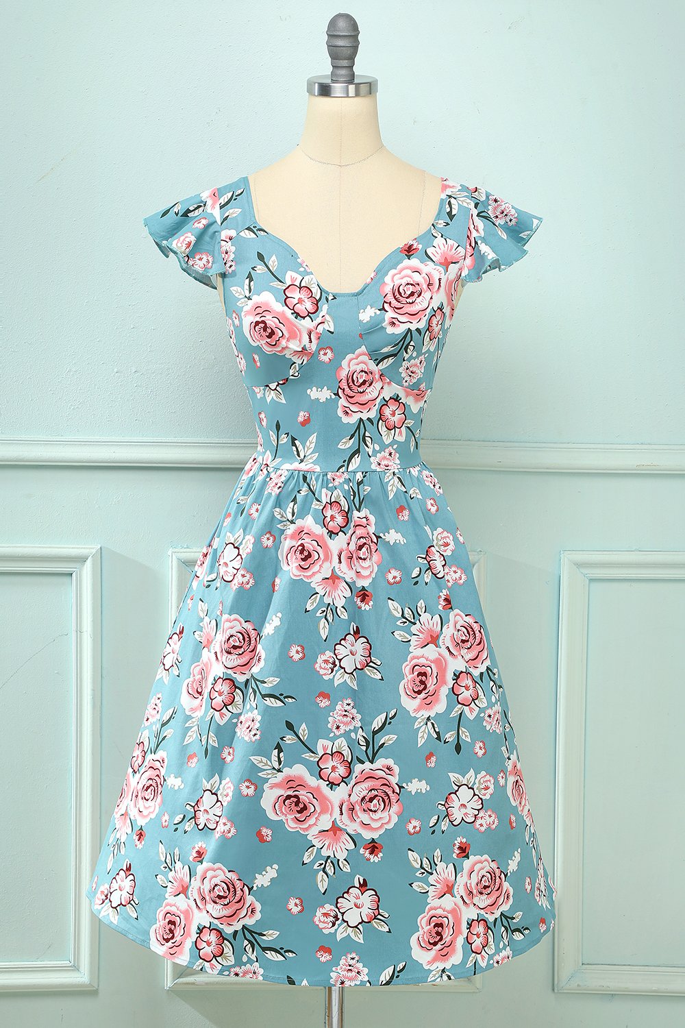 Niebieski kwiatowa sukienka vintage
