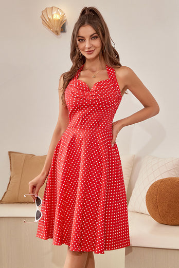 Czerwona Halter Sukienki Vintage w Groszki