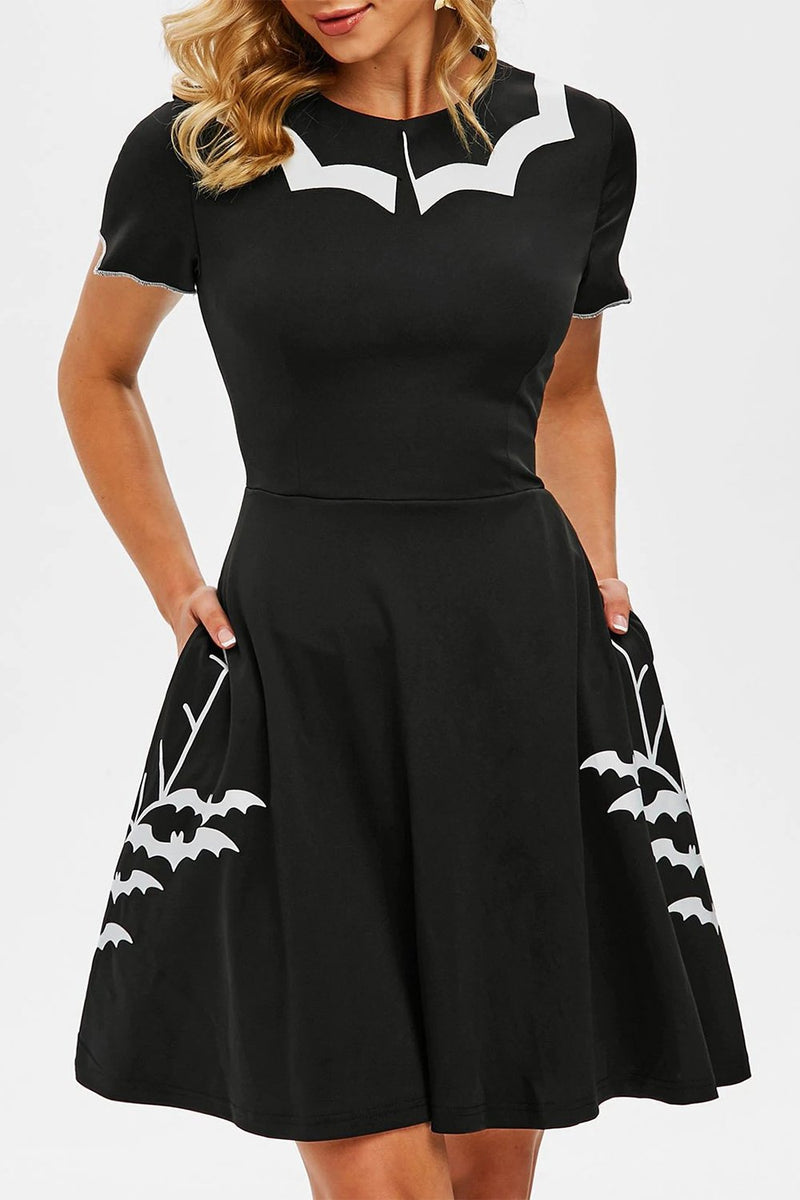 Załaduj obraz do przeglądarki galerii, Sukienka na Halloween z czarnym nadrukiem nietoperza