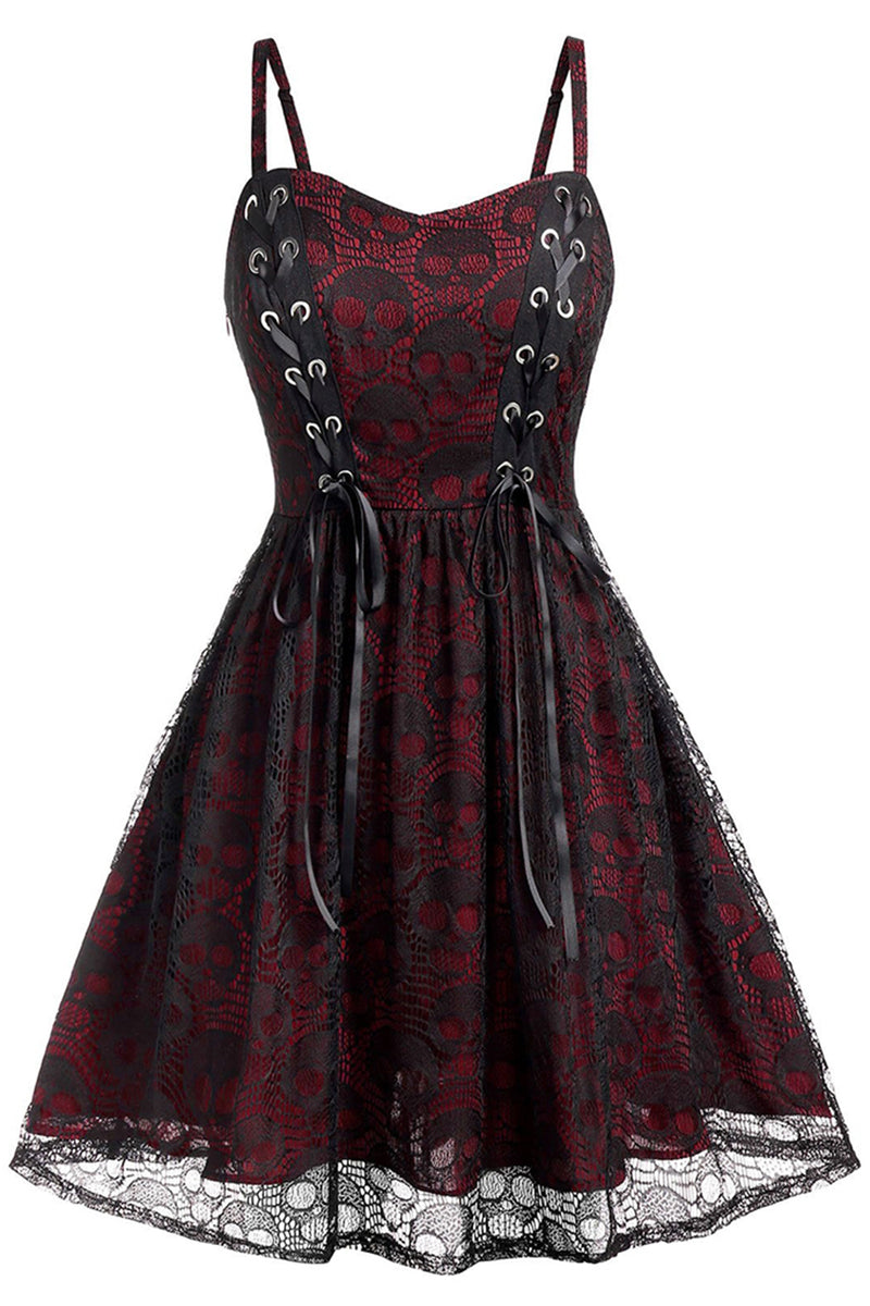Załaduj obraz do przeglądarki galerii, Burgundy Skull Lace Vintage Sukienka