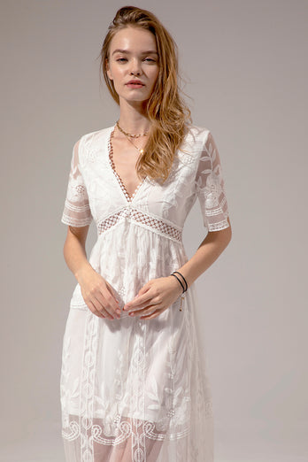 Biała Sukienki Letnie Boho Maxi z Koronki
