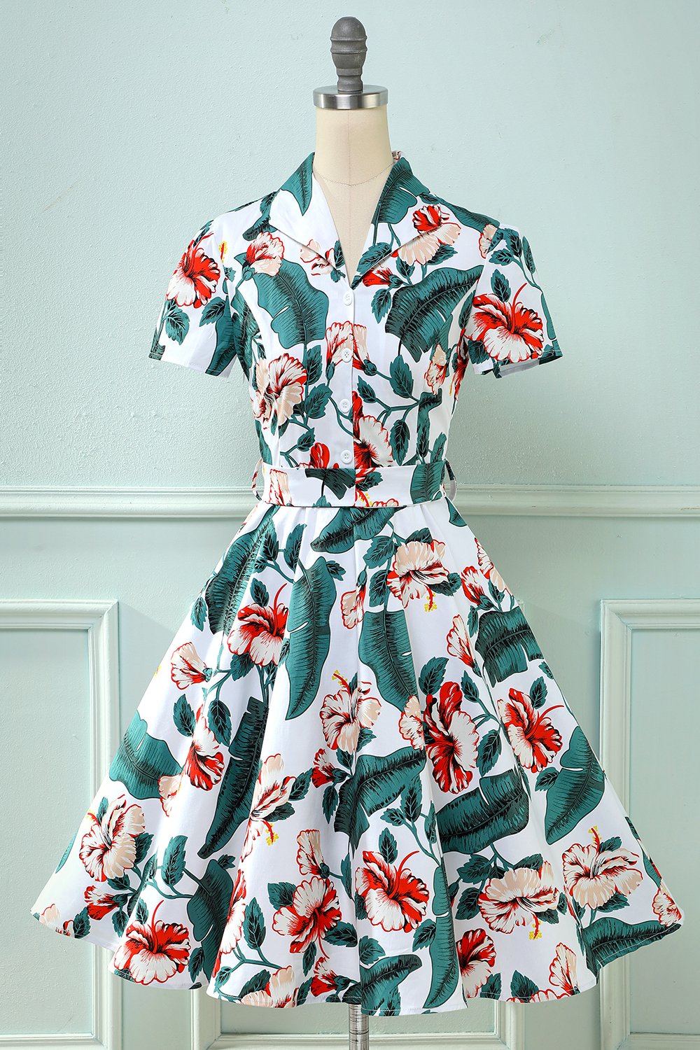Retro Dekolt w serek Liść drukowane Vintage Sukienka
