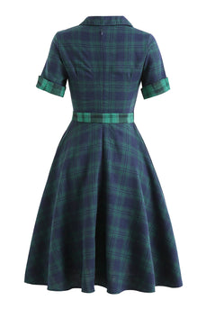 Zielony Vintage Sukienki Lata 50 w Kratkę