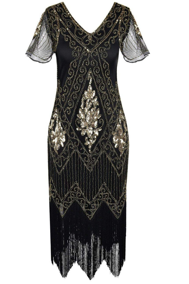 Załaduj obraz do przeglądarki galerii, Czarna Damska Wielki Gatsby Sukienka z Frędzlami Lata 20
