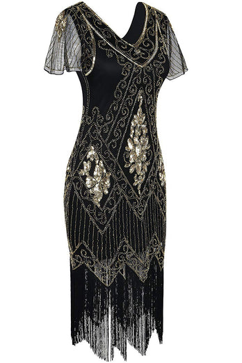 Czarna Damska Wielki Gatsby Sukienka z Frędzlami Lata 20